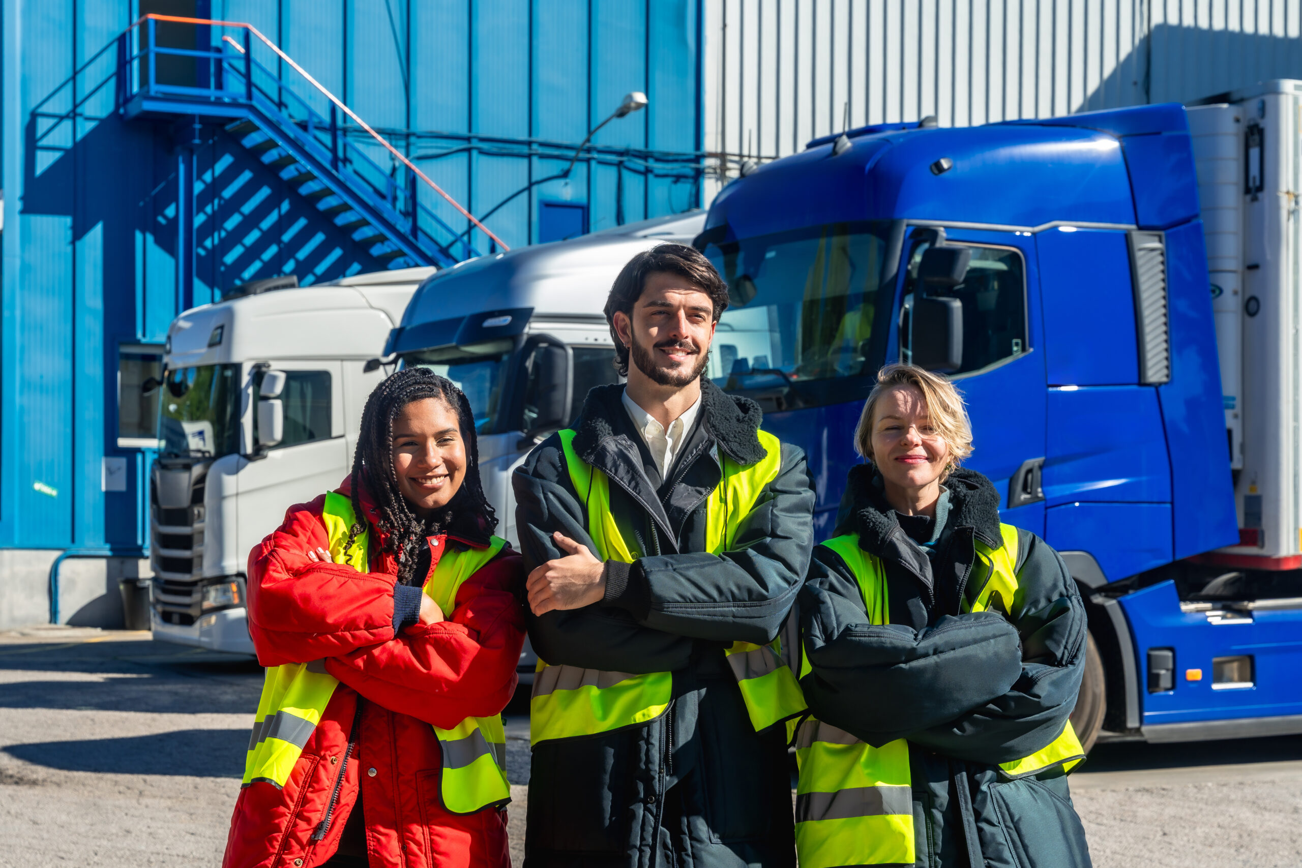 Diverse logistics team members wearing safety vests and warm jackets are standing with crossed arms, smiling in front of a cold storage warehouse and delivery trucks